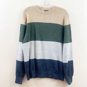 J Crew Rugged Cotton Sweater in Block Stripe Gray/Navy/Green/Tan